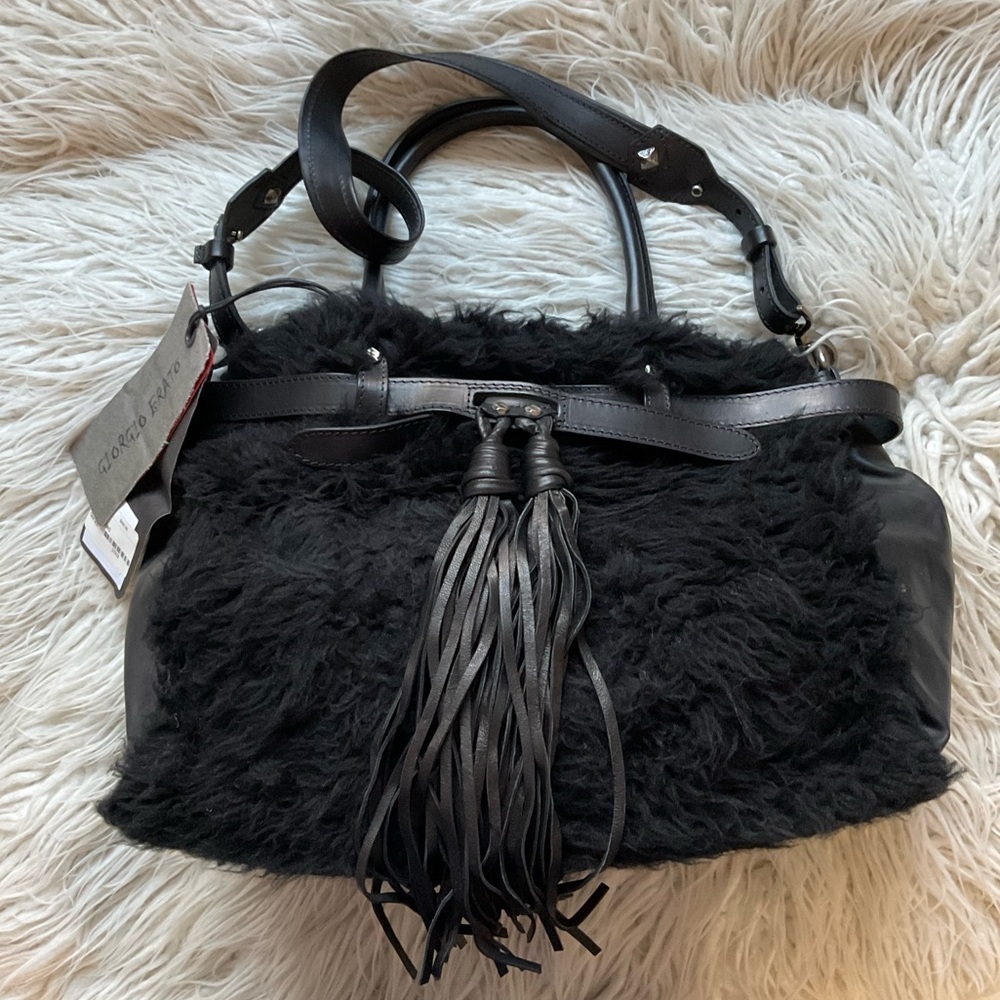 Giorgio Brato Black Vegetable Tanned Leather Shearling Crossbody Satchel Bag NWT